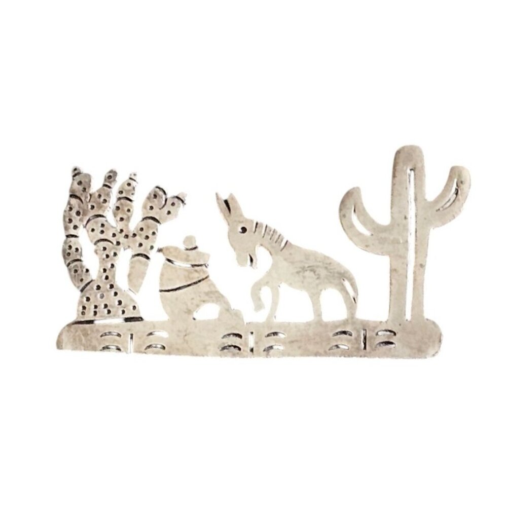 Vintage Mexican Sterling Silver 925 Southwest Cactus & Donkey Brooch By SW TB-44